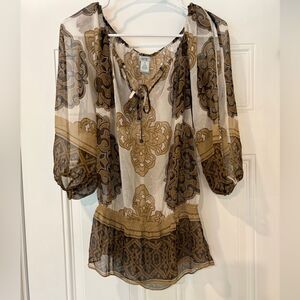 Cache 100% silk chiffon baroque scroll print pullover blouse